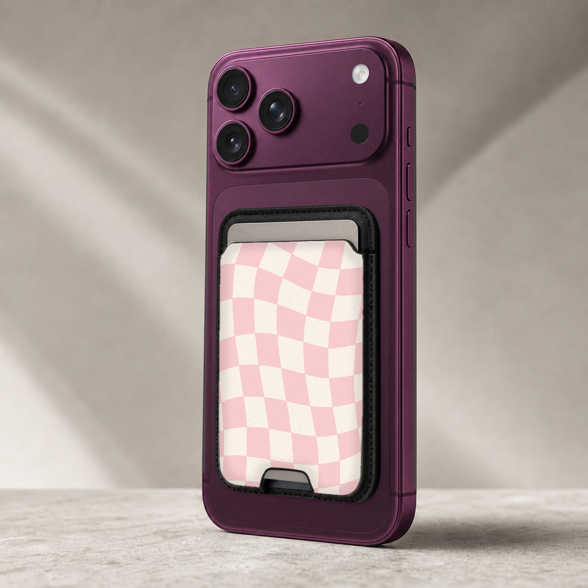 Soft Blush Wavy Checkerboard MagSafe card holder showing the detailed leather finish