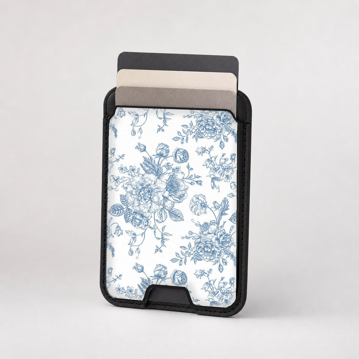 Blue Chinoiserie Rose MagSafe card holder showing the patterned front