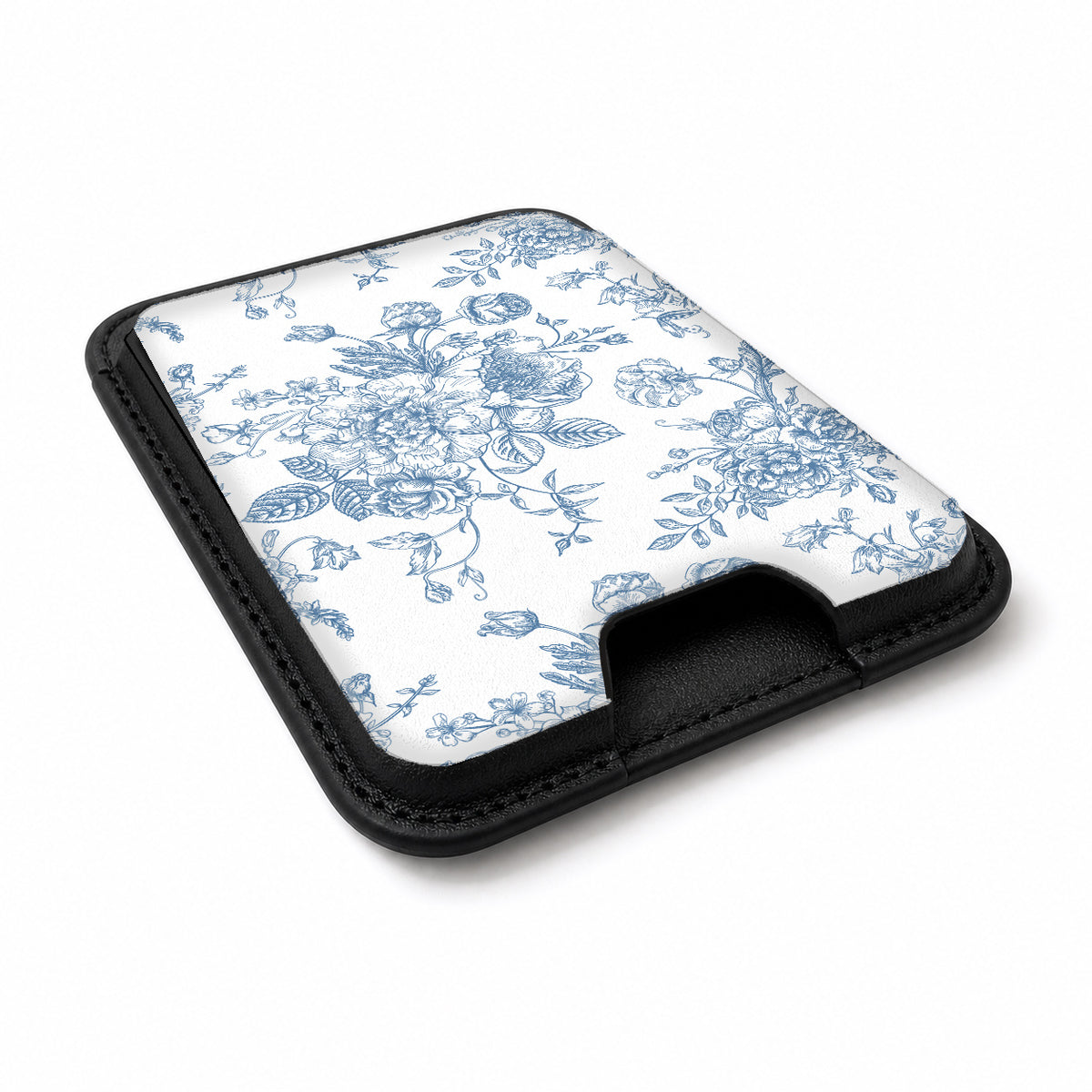 Blue Chinoiserie Rose MagSafe card holder showing the angled leather surface