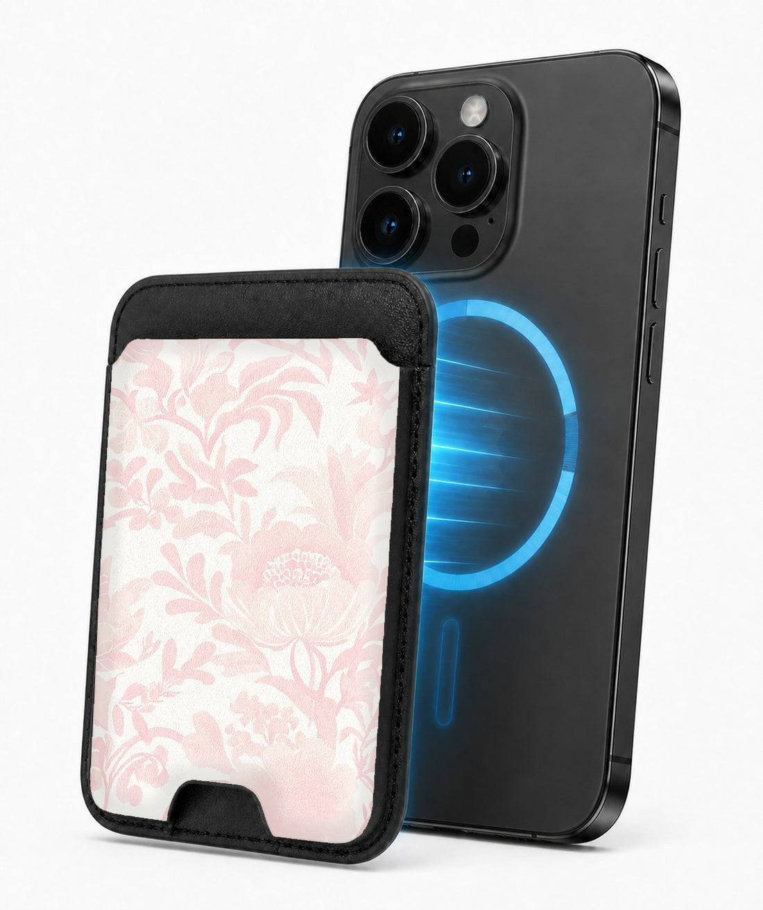 Blush Pink Chinoiserie Floral MagSafe card holder attached to a compatible iPhone