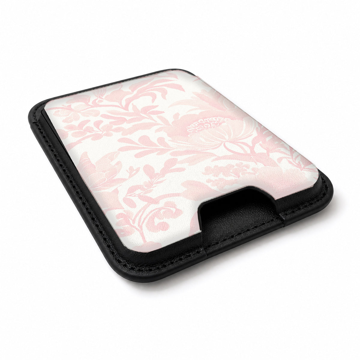 Blush Pink Chinoiserie Floral MagSafe card holder showing the angled leather surface