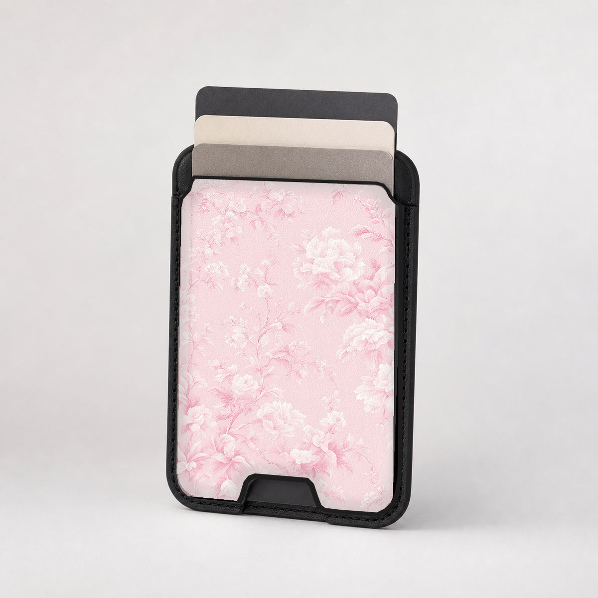 Pink Toile Floral MagSafe card holder showing the patterned front