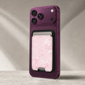 Pink Toile Floral MagSafe card holder showing the detailed leather finish