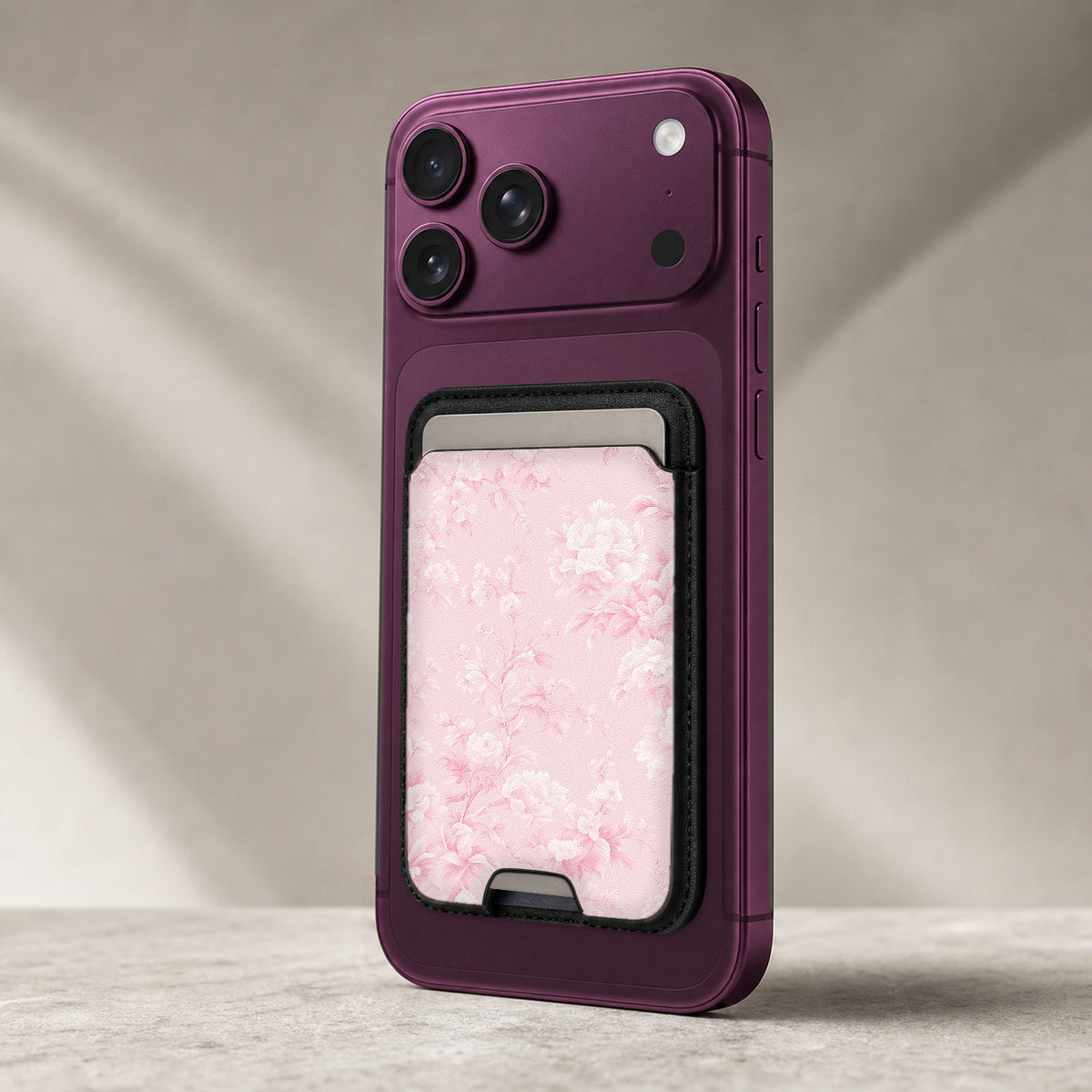 Pink Toile Floral MagSafe card holder showing the detailed leather finish