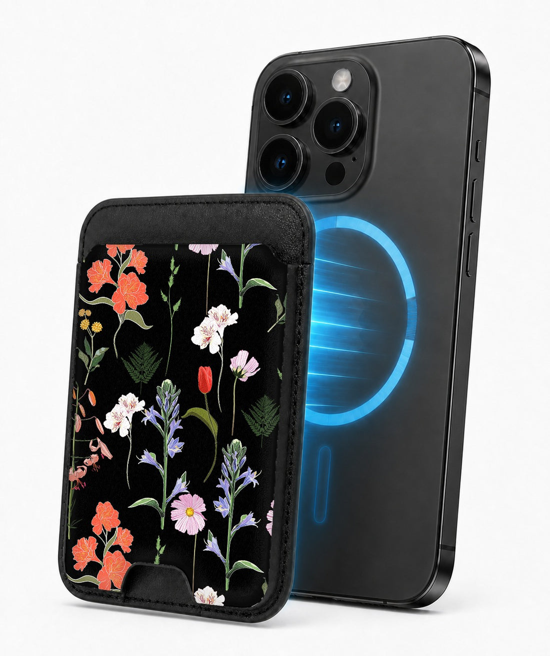 Black Wildflower Meadow MagSafe card holder attached to a compatible iPhone