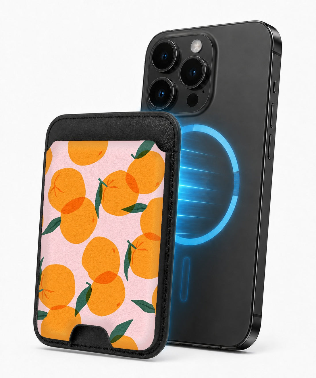 Orange Fruit on Pink MagSafe card holder attached to a compatible iPhone