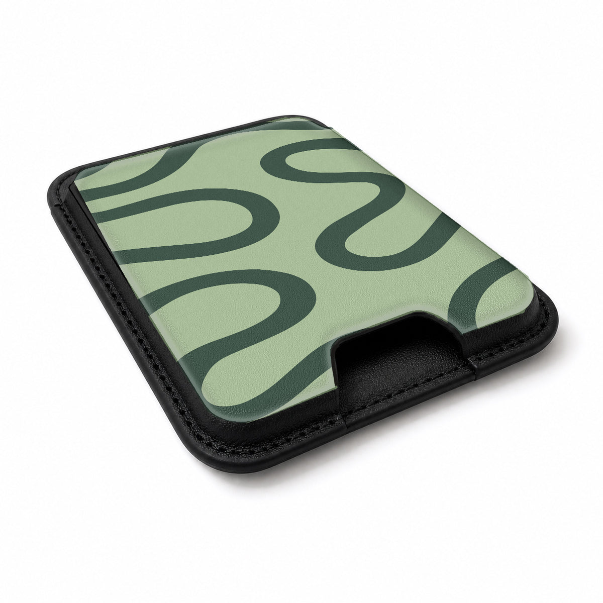 Sage Green Retro Swirl MagSafe card holder showing the angled leather surface