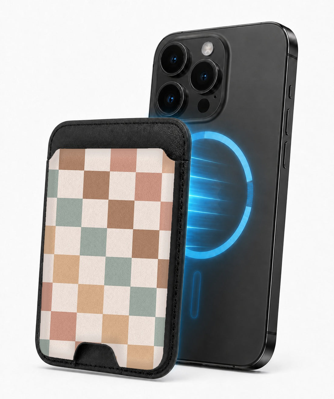 Pastel Multicolor Checkerboard MagSafe card holder attached to a compatible iPhone