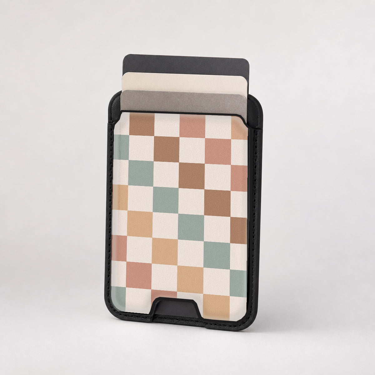 Pastel Multicolor Checkerboard MagSafe card holder showing the patterned front