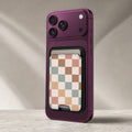 Pastel Multicolor Checkerboard MagSafe card holder showing the detailed leather finish