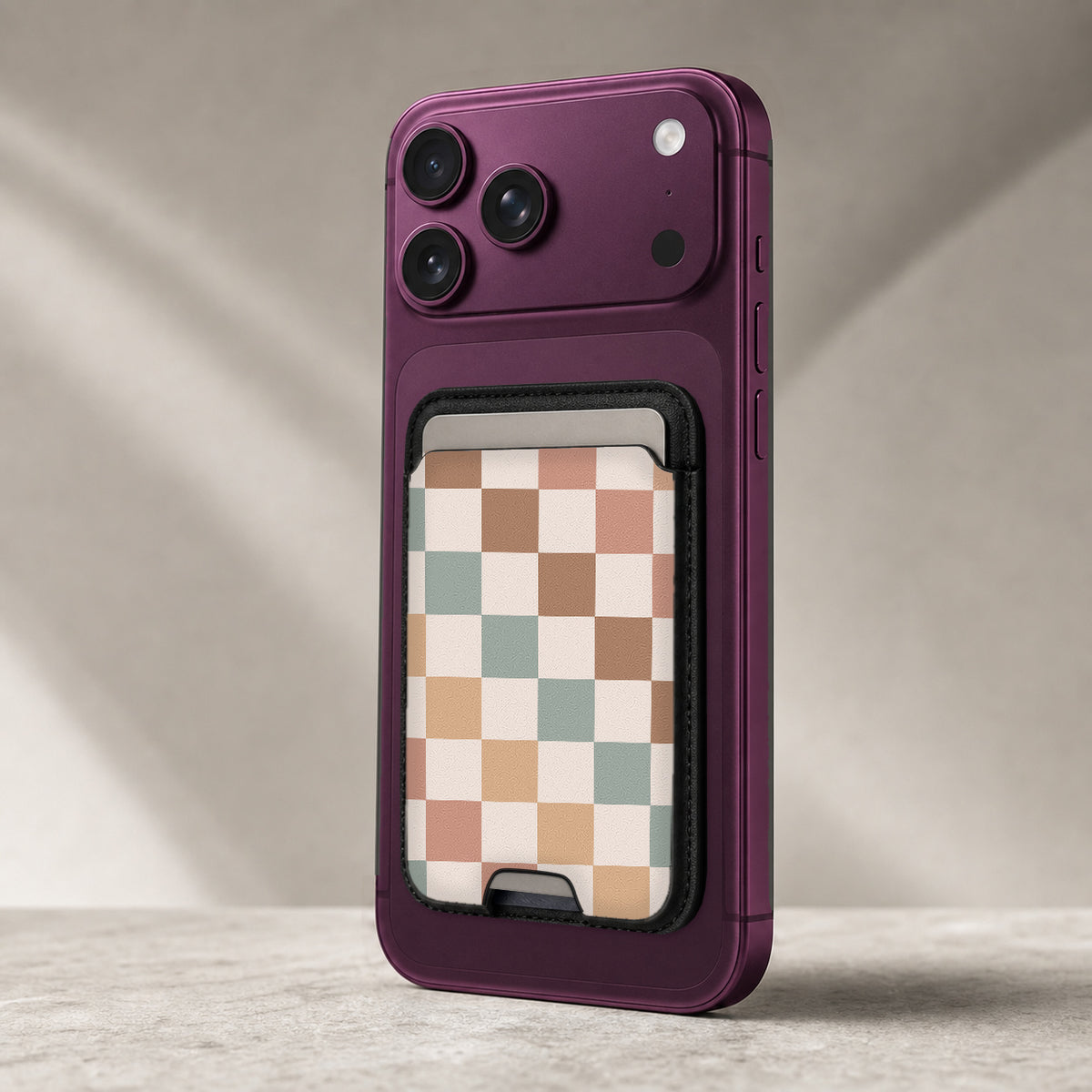 Pastel Multicolor Checkerboard MagSafe card holder showing the detailed leather finish