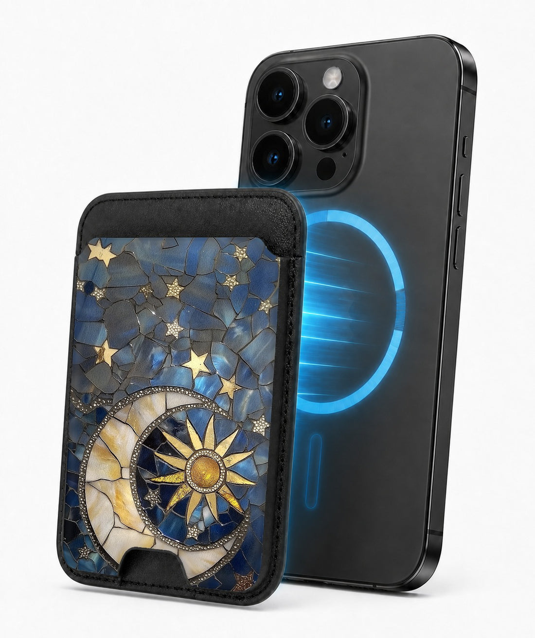 Celestial Sun Moon Compass MagSafe card holder attached to a compatible iPhone