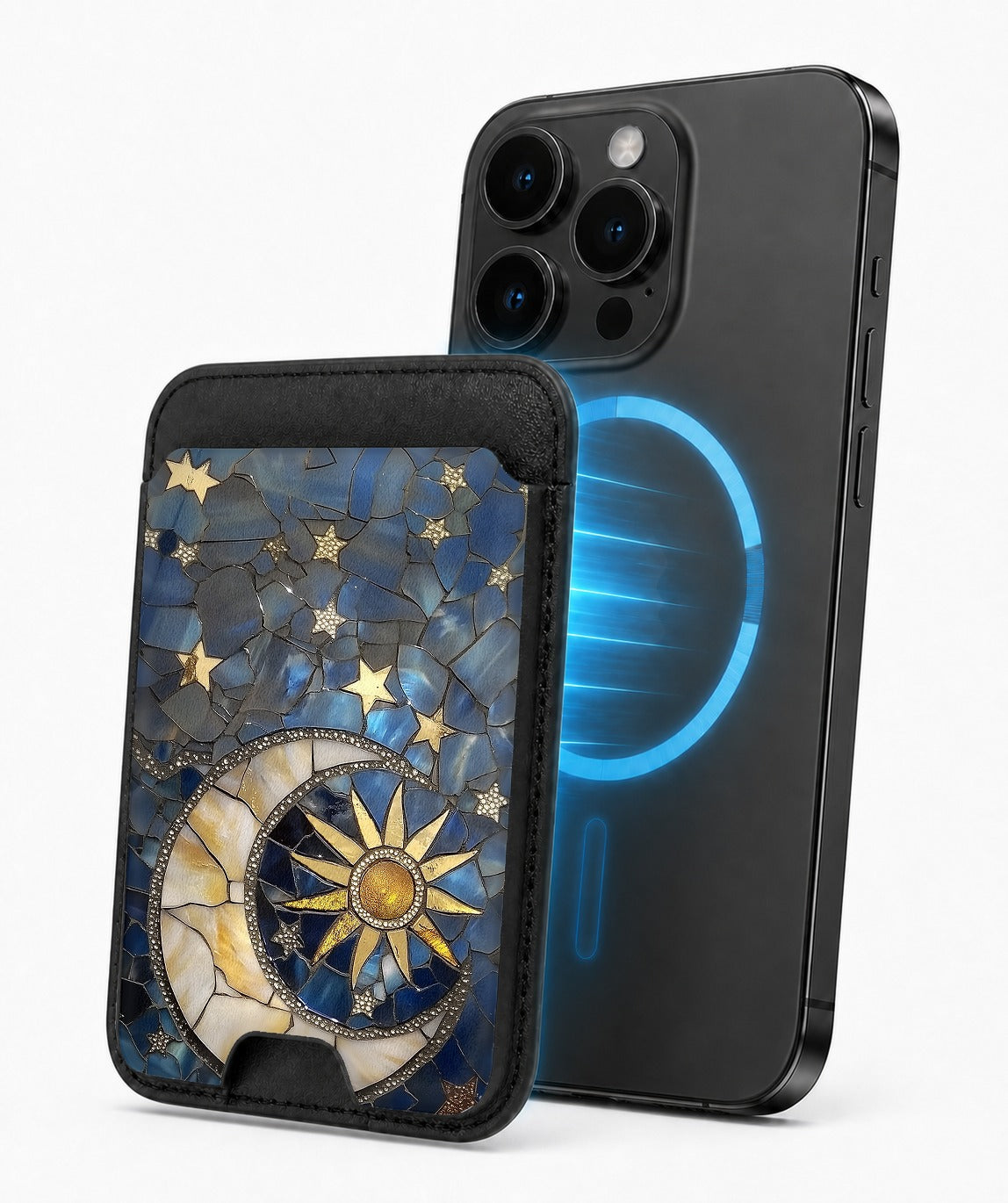 Celestial Sun Moon Compass MagSafe card holder attached to a compatible iPhone