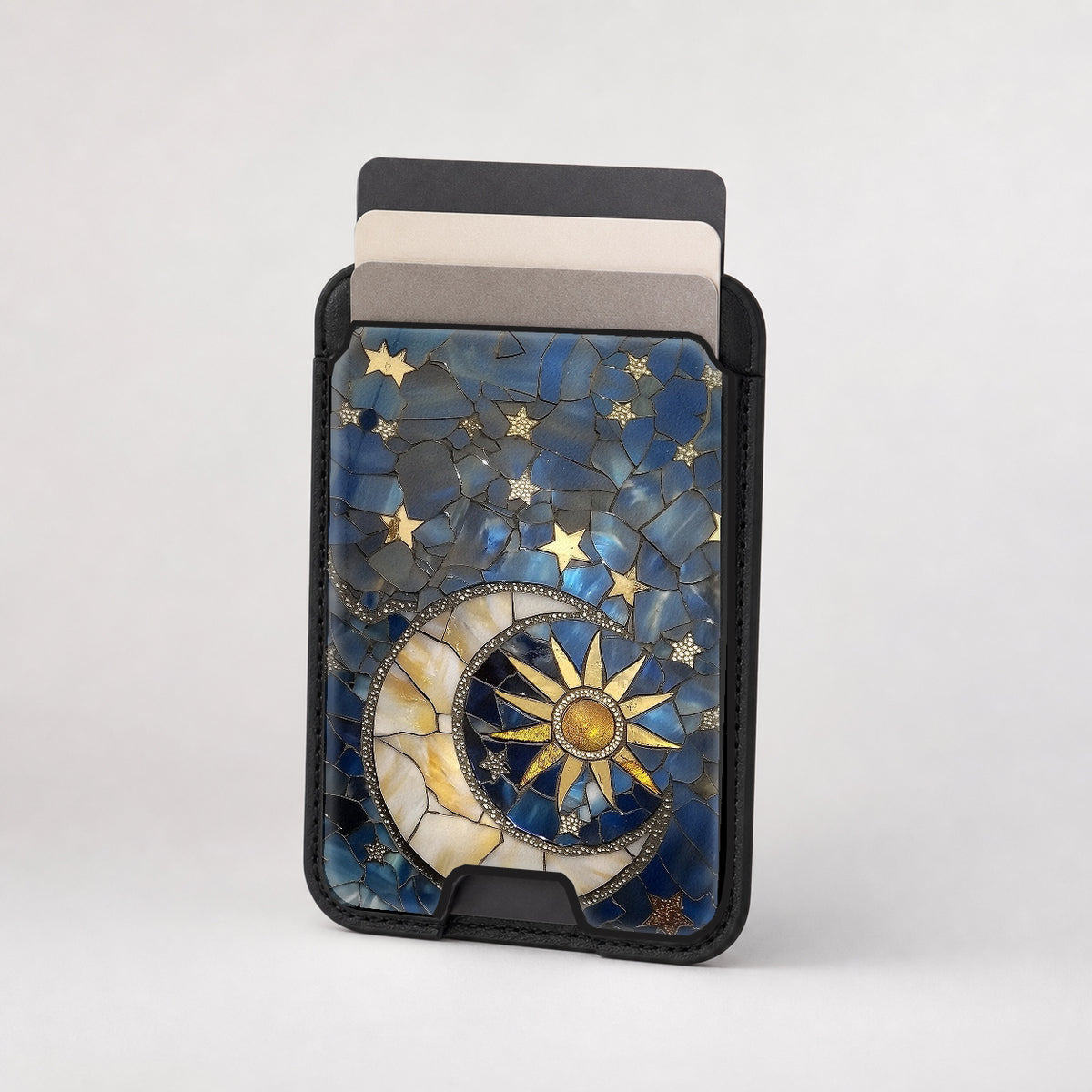 Celestial Sun Moon Compass MagSafe card holder showing the patterned front