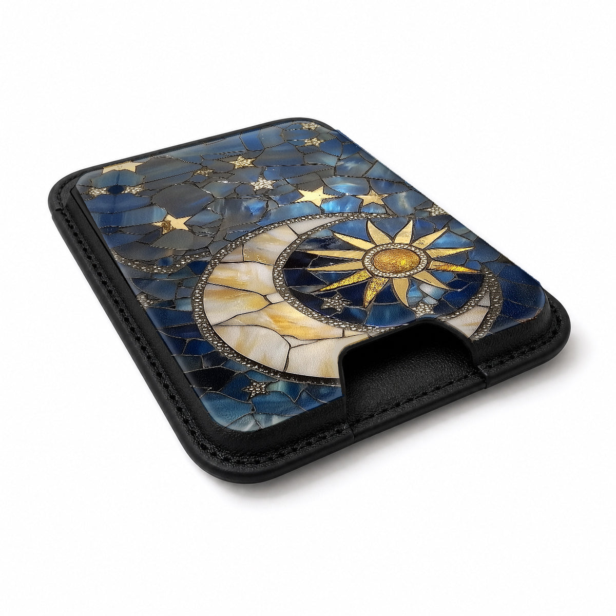 Celestial Sun Moon Compass MagSafe card holder showing the angled leather surface