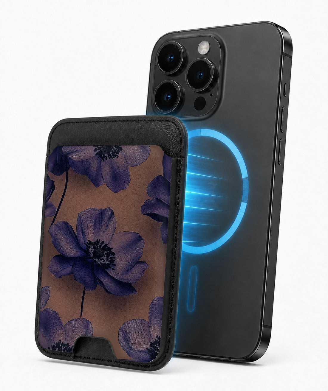 Midnight Purple Floral MagSafe card holder attached to a compatible iPhone