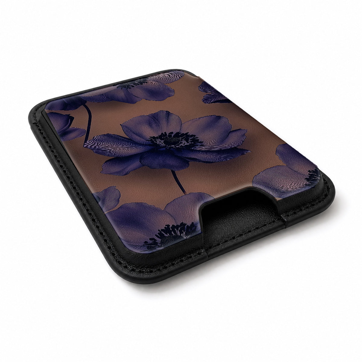 Midnight Purple Floral MagSafe card holder showing the angled leather surface
