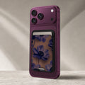 Midnight Purple Floral MagSafe card holder showing the detailed leather finish