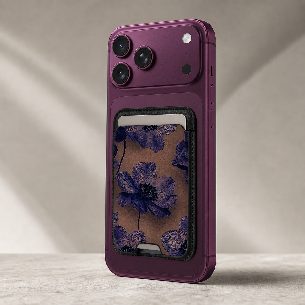 Midnight Purple Floral MagSafe card holder showing the detailed leather finish
