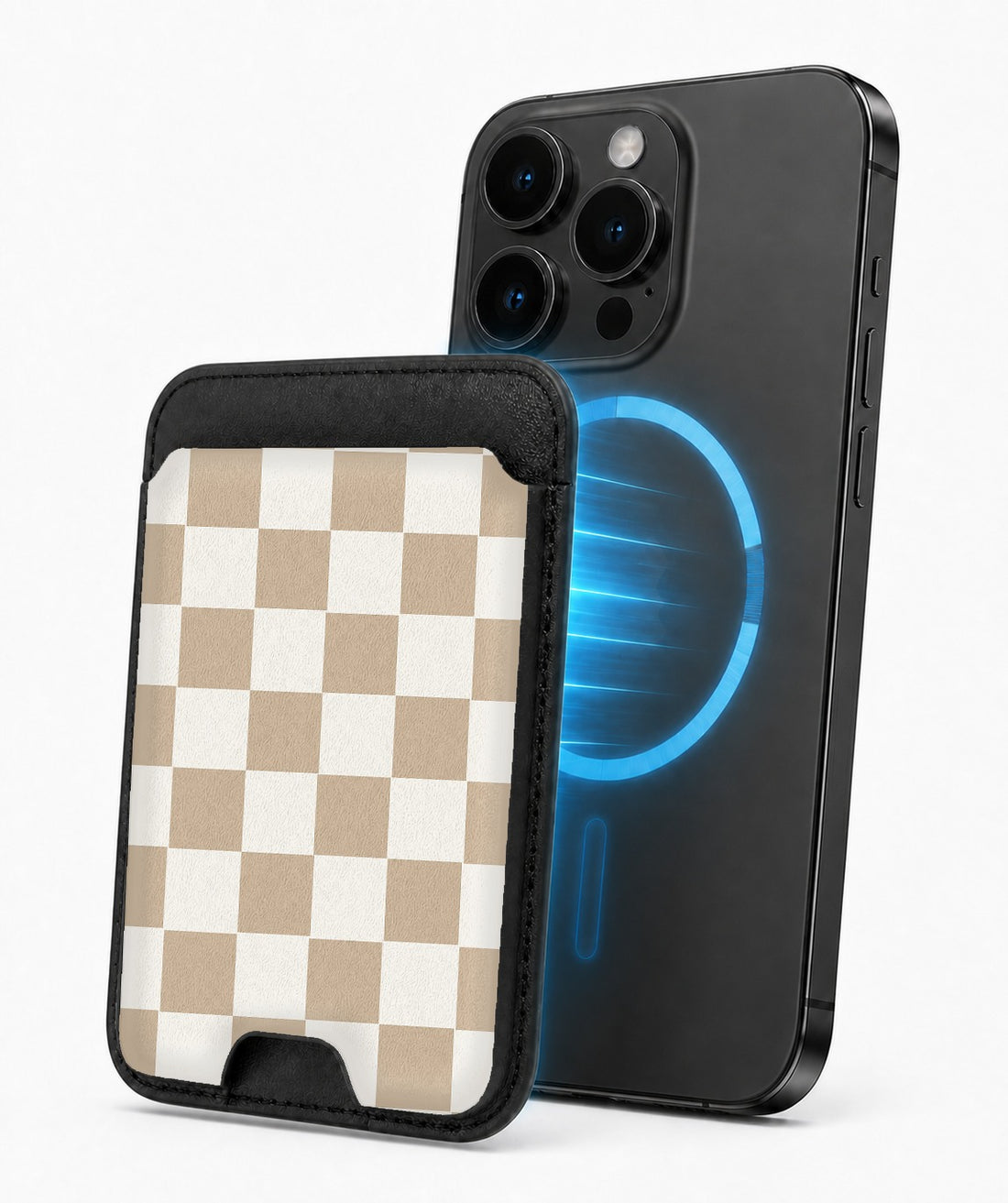 Beige Checkerboard MagSafe card holder attached to a compatible iPhone