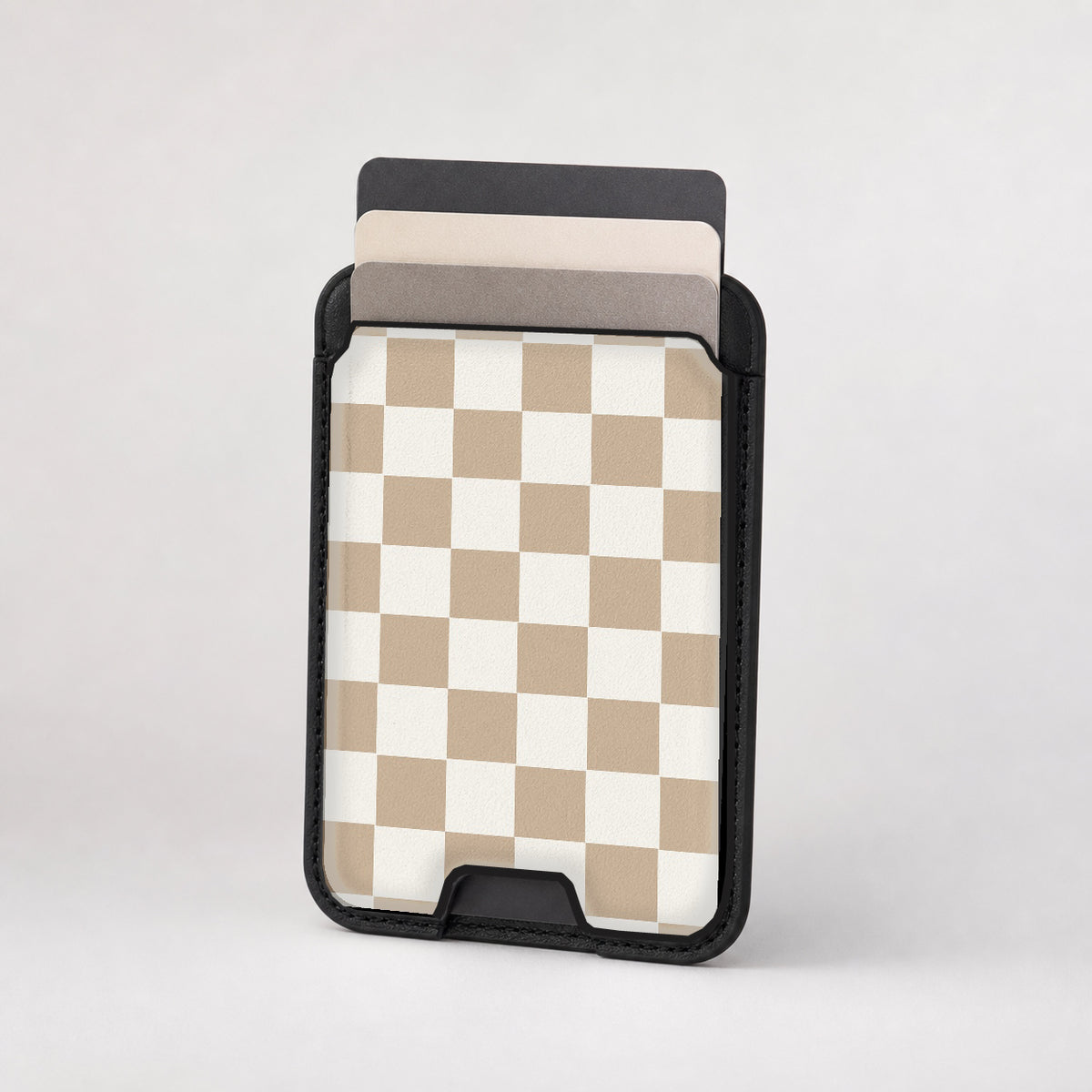 Beige Checkerboard MagSafe card holder showing the patterned front