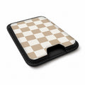 Beige Checkerboard MagSafe card holder showing the angled leather surface
