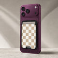 Beige Checkerboard MagSafe card holder showing the detailed leather finish