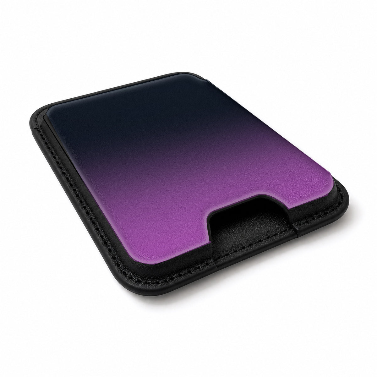 Navy Purple Ombre Gradient MagSafe card holder showing the angled leather surface