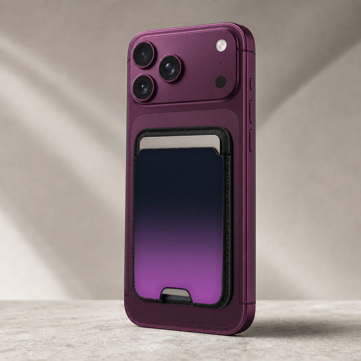 Navy Purple Ombre Gradient MagSafe card holder showing the detailed leather finish