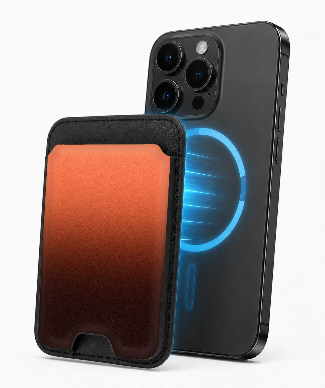 Rust Brown Ombre Gradient MagSafe card holder attached to a compatible iPhone