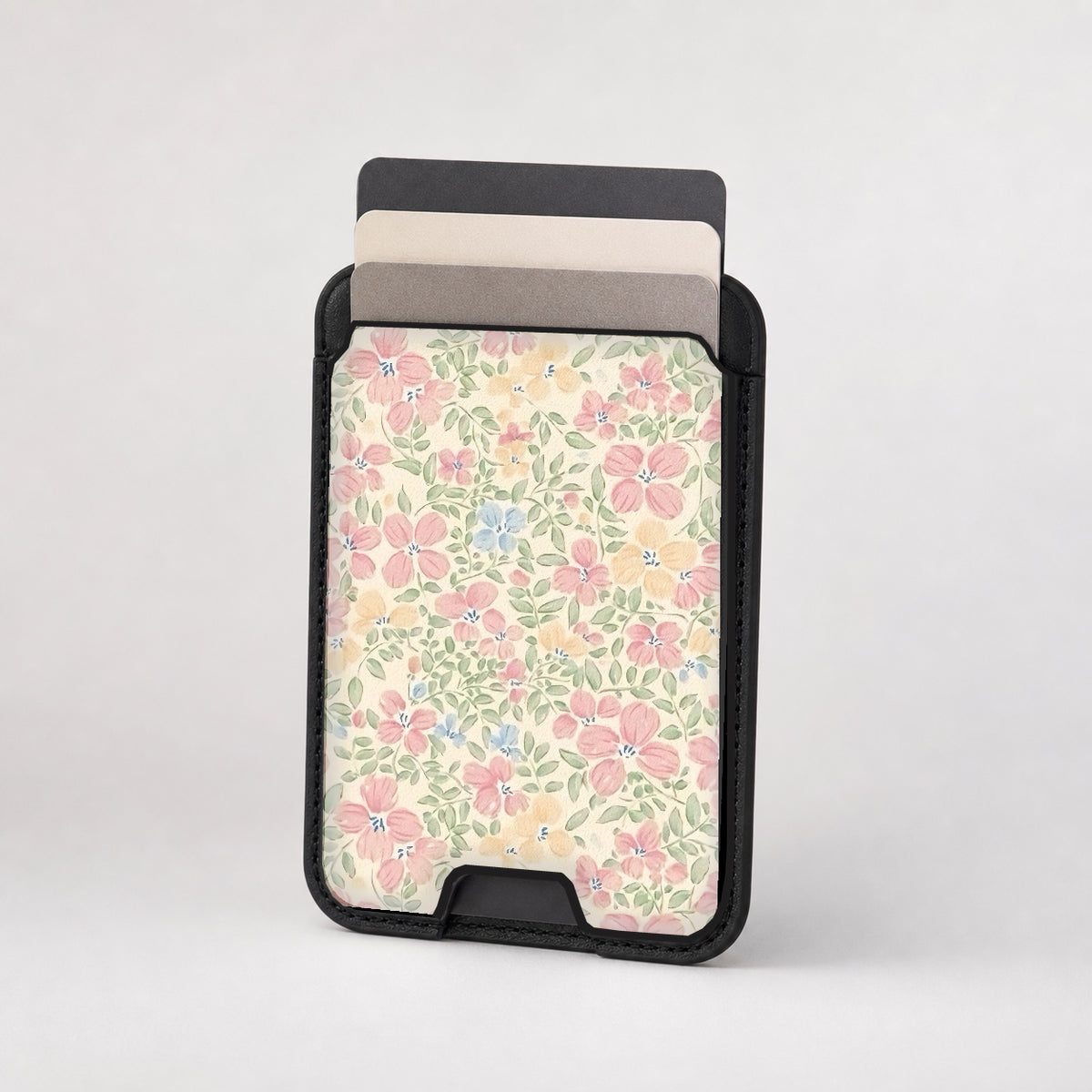 Pastel Cottage Garden Floral MagSafe card holder showing the patterned front
