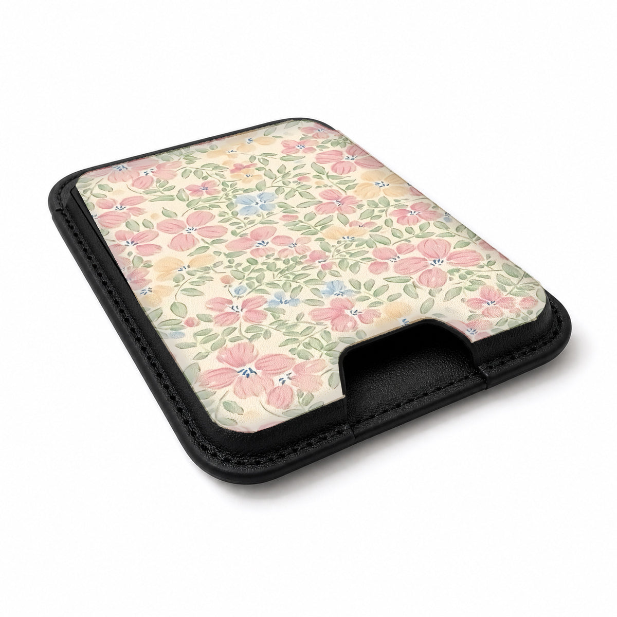 Pastel Cottage Garden Floral MagSafe card holder showing the angled leather surface