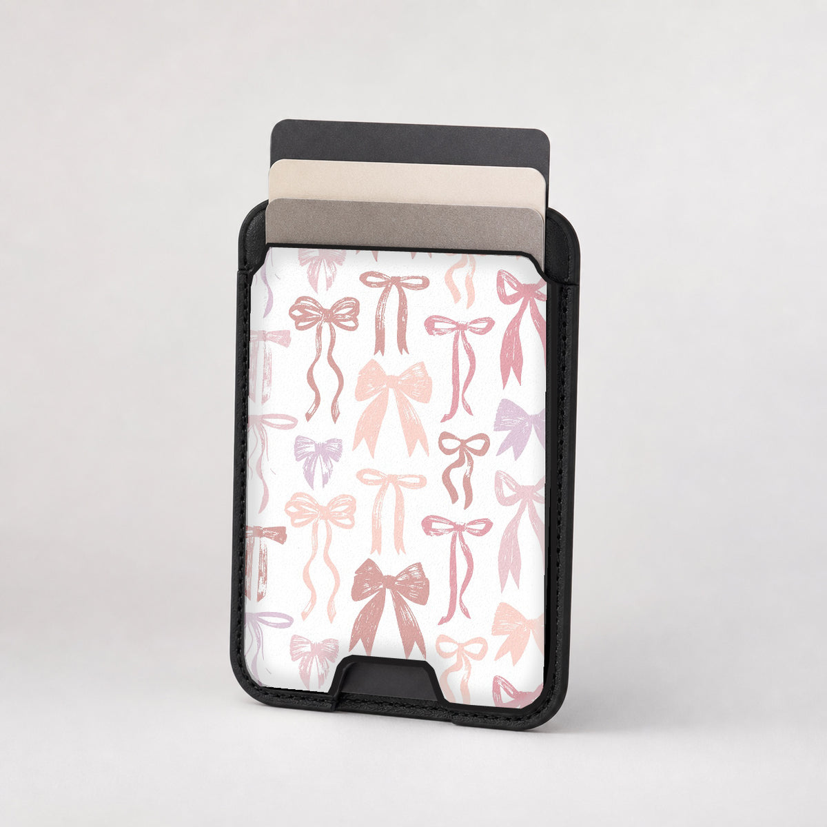 Pink Coquette Bow Toile MagSafe card holder showing the patterned front