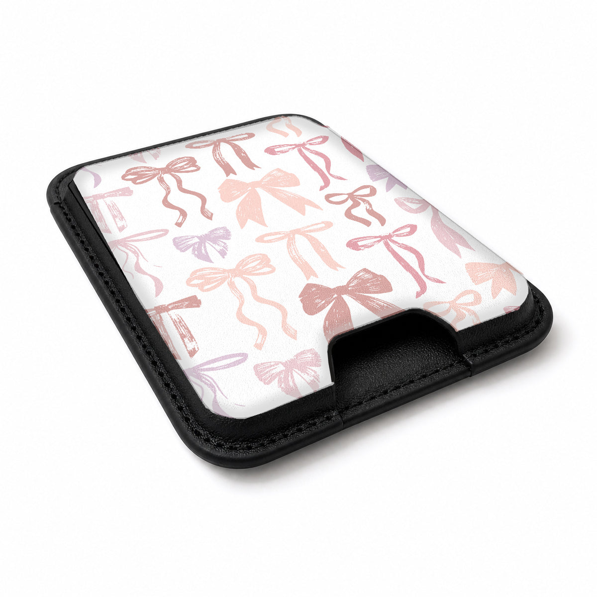 Pink Coquette Bow Toile MagSafe card holder showing the angled leather surface