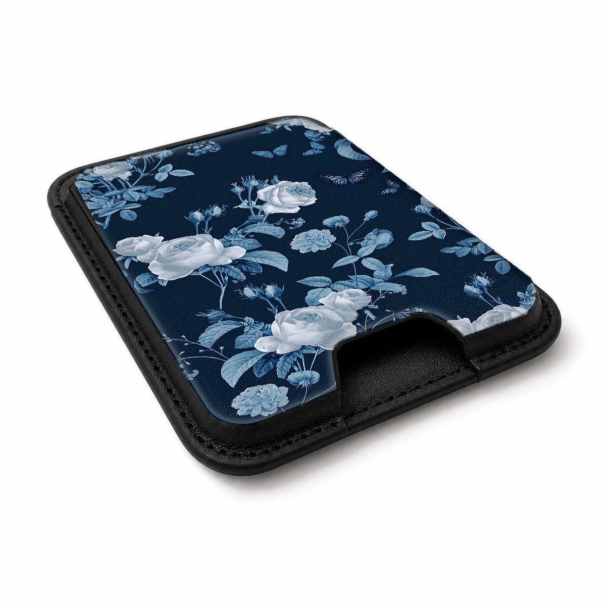 Navy Blue Rose Floral MagSafe card holder showing the angled leather surface