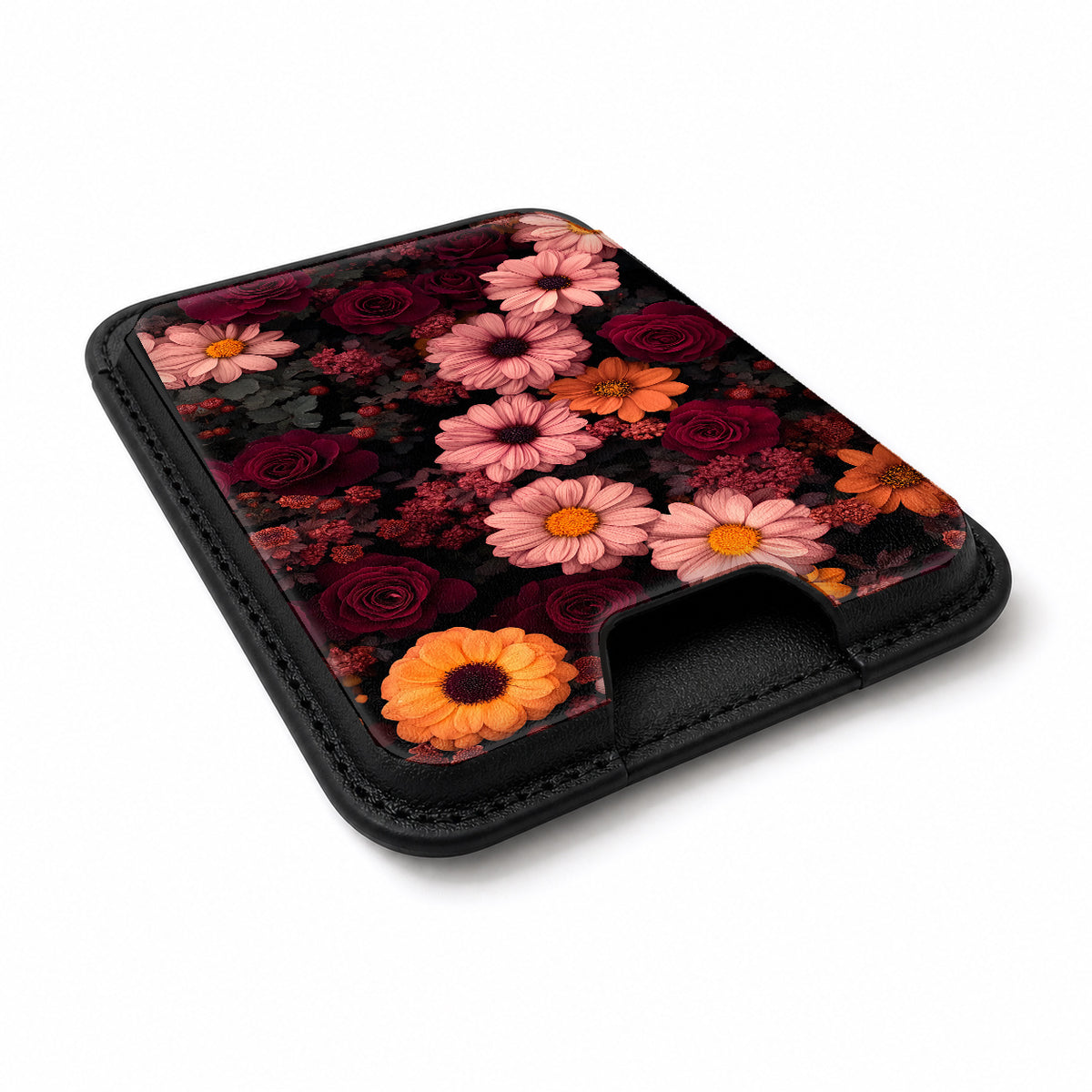 Dark Autumn Daisy Floral MagSafe card holder showing the angled leather surface