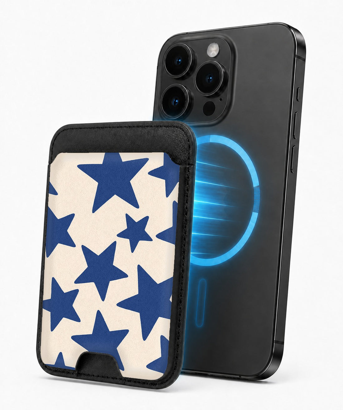 Blue Star Pattern MagSafe card holder attached to a compatible iPhone