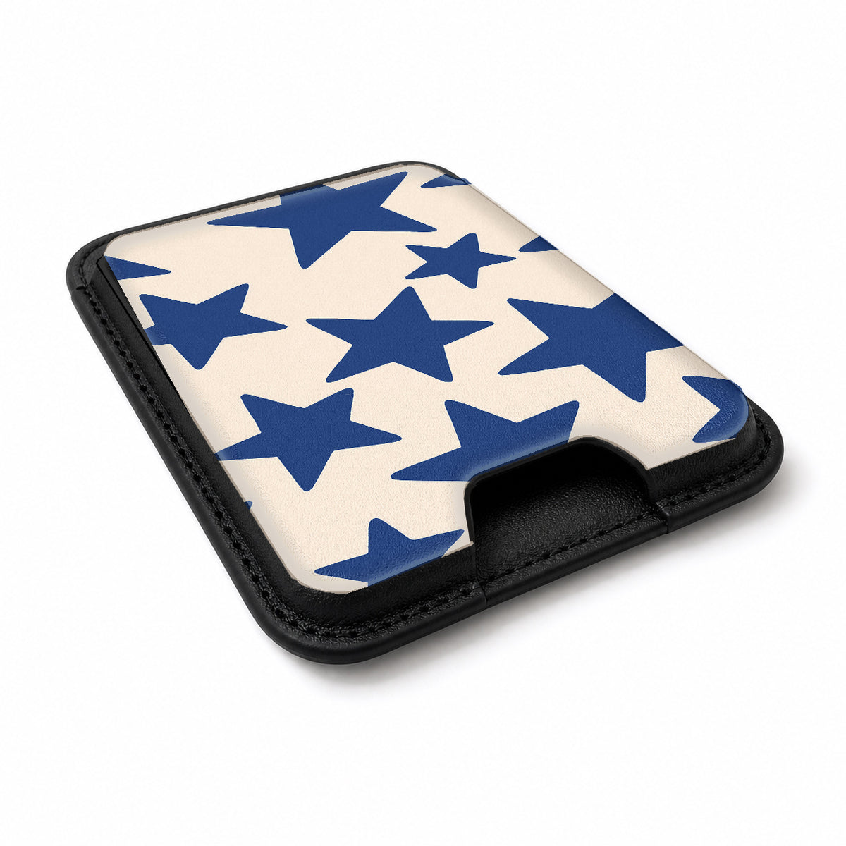 Blue Star Pattern MagSafe card holder showing the angled leather surface