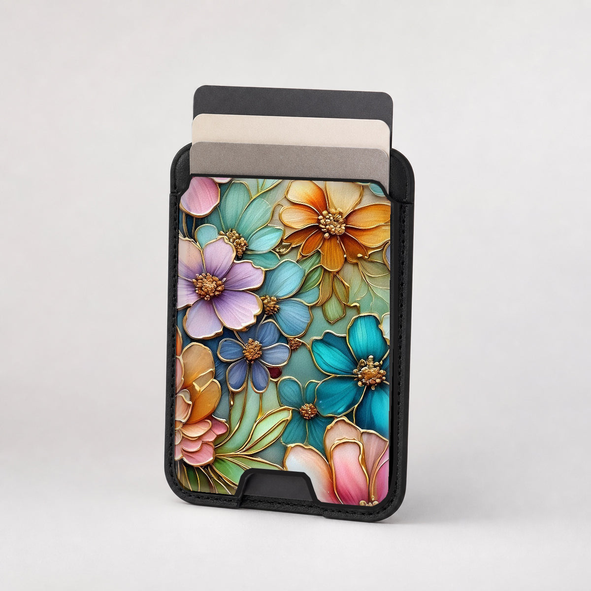 Jewel Tone Stained Glass Floral MagSafe card holder showing the patterned front