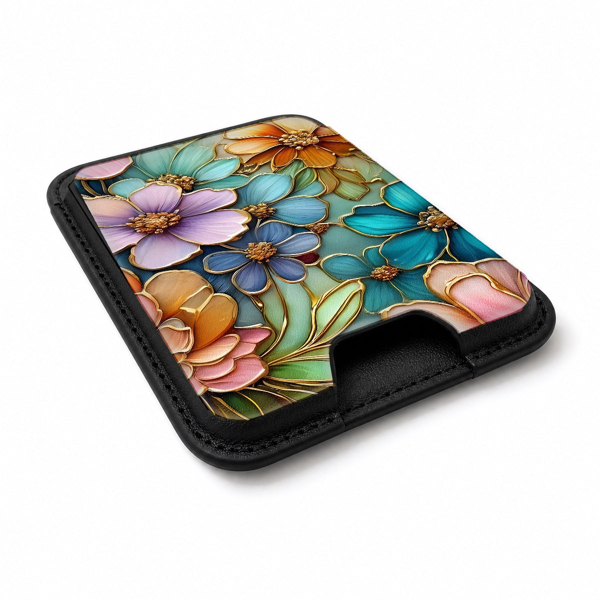 Jewel Tone Stained Glass Floral MagSafe card holder showing the angled leather surface