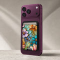 Jewel Tone Stained Glass Floral MagSafe card holder showing the detailed leather finish