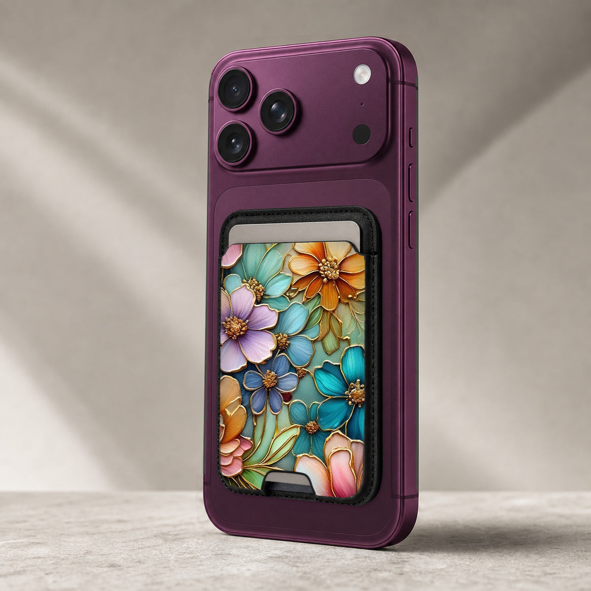 Jewel Tone Stained Glass Floral MagSafe card holder showing the detailed leather finish
