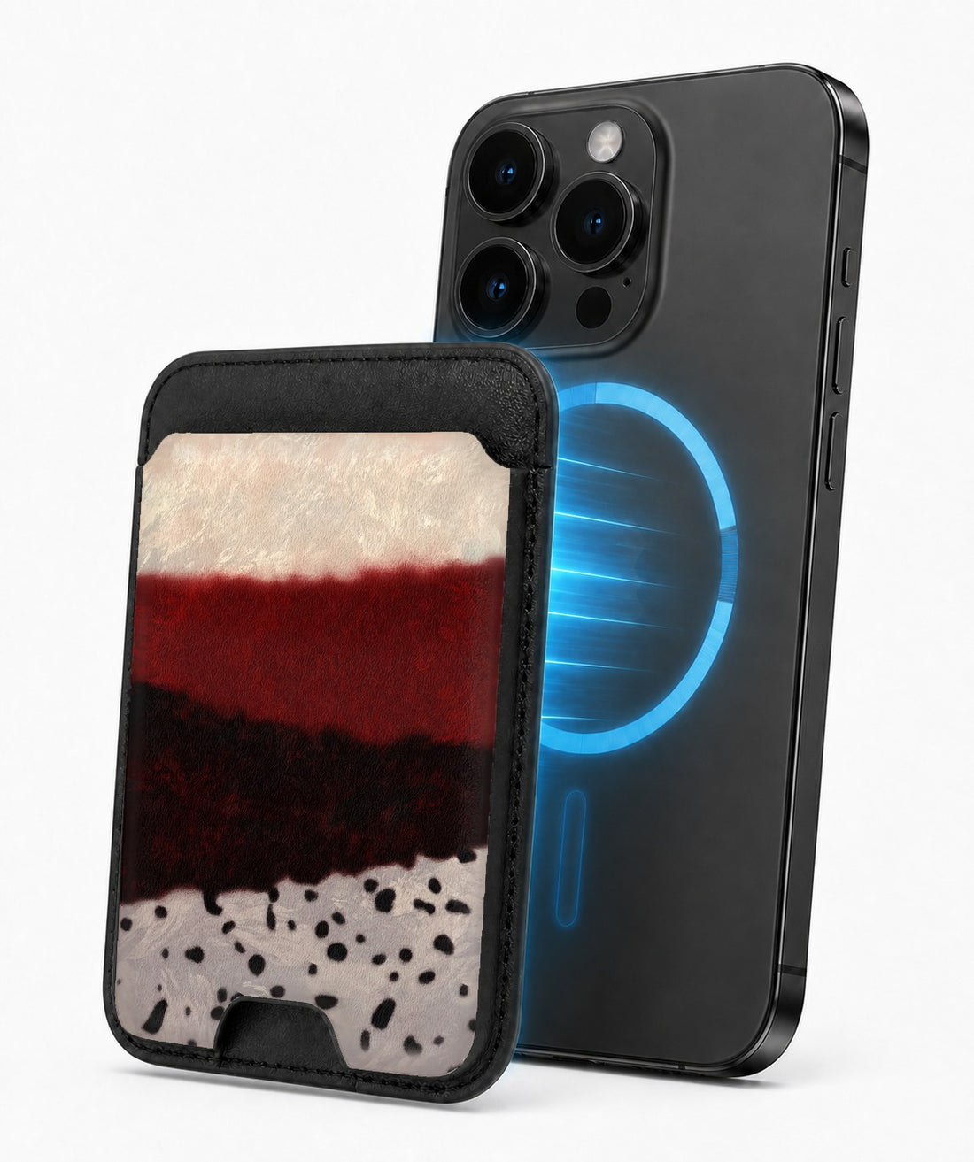 Burgundy Cream Abstract Animal Print MagSafe card holder attached to a compatible iPhone