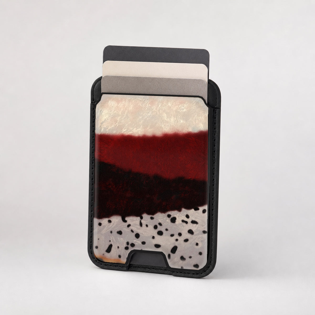 Burgundy Cream Abstract Animal Print MagSafe card holder showing the patterned front