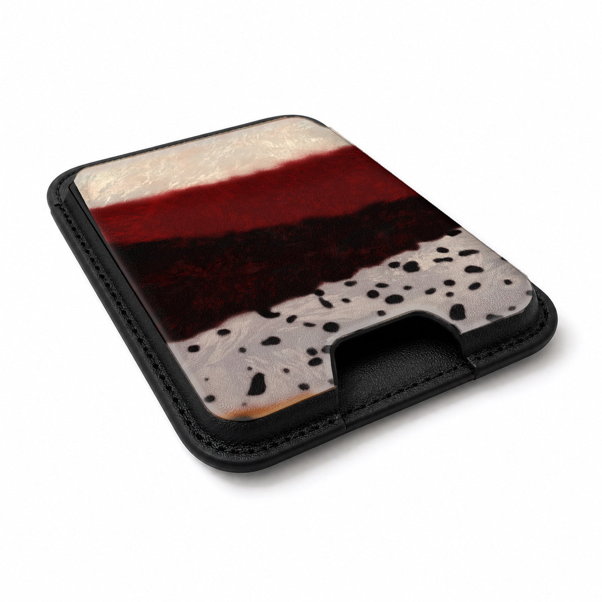 Burgundy Cream Abstract Animal Print MagSafe card holder showing the angled leather surface