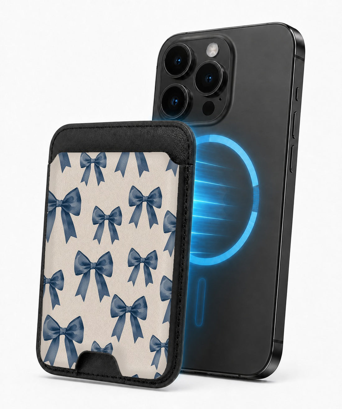 Blue Coquette Bow MagSafe card holder attached to a compatible iPhone