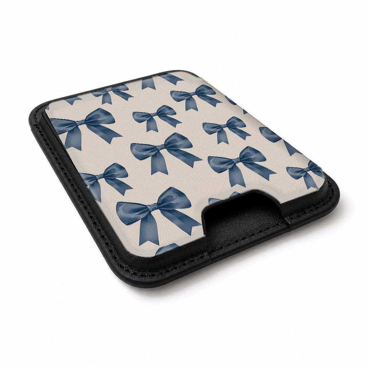 Blue Coquette Bow MagSafe card holder showing the angled leather surface