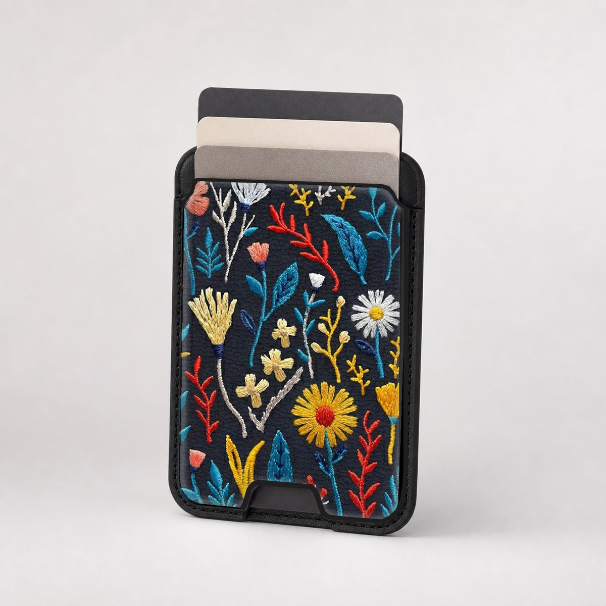 Navy Embroidered Wildflower MagSafe card holder showing the patterned front