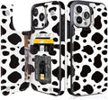 Black & White Cow Print Flip Wallet Case for iPhone 17–14 – Card Holder & Kickstand - iPhone 15 Pro Max exact model view, non-MagSafe double-buckle wallet case [OB006-iPhone-15-Pro-Max-B0CFTMT8K7]