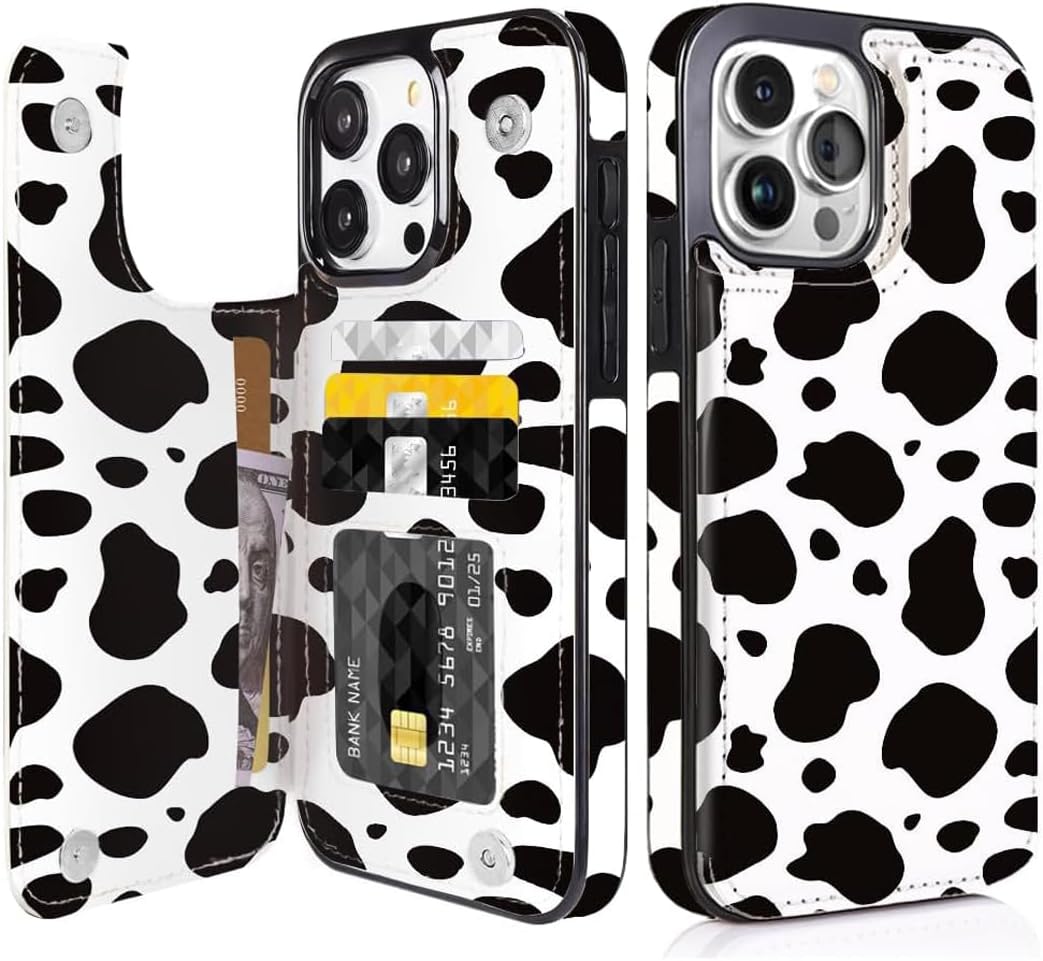 Black & White Cow Print Flip Wallet Case for iPhone 17–14 – Card Holder & Kickstand - iPhone 15 Pro Max exact model view, non-MagSafe double-buckle wallet case [OB006-iPhone-15-Pro-Max-B0CFTMT8K7]